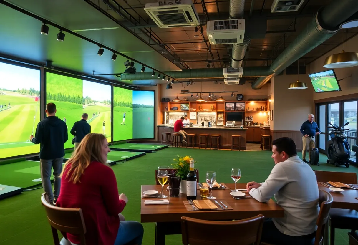 People enjoying indoor golfing and dining at Buffalo Golf House
