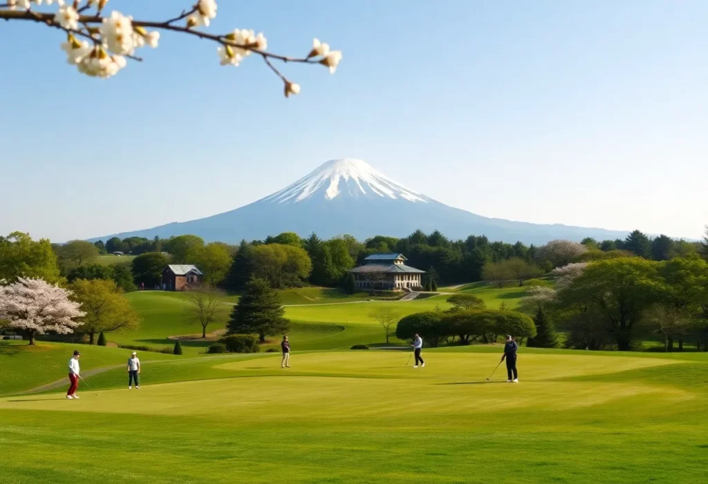 Golf course with cherry blossoms and Mount Fuji