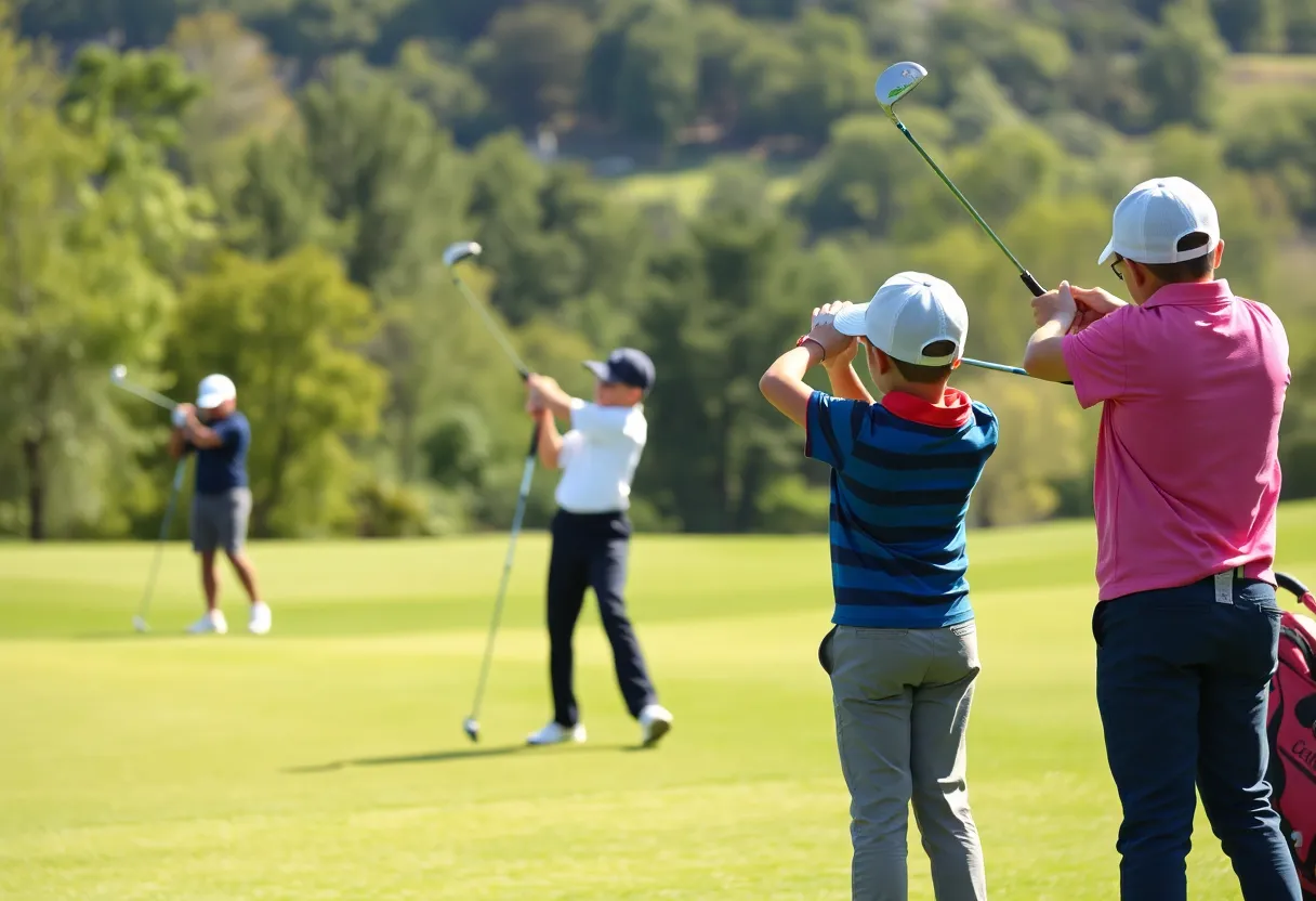 Junior golfers practicing on a scenic golf course