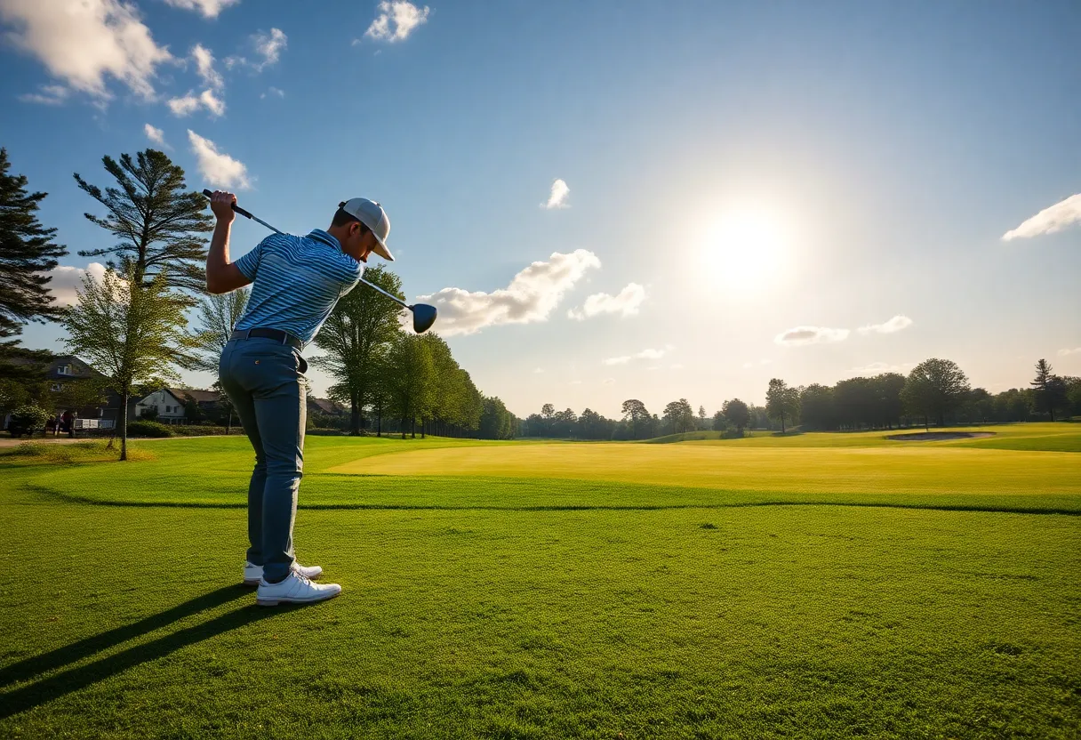 A young amateur golfer performing on a golf course during a competition.