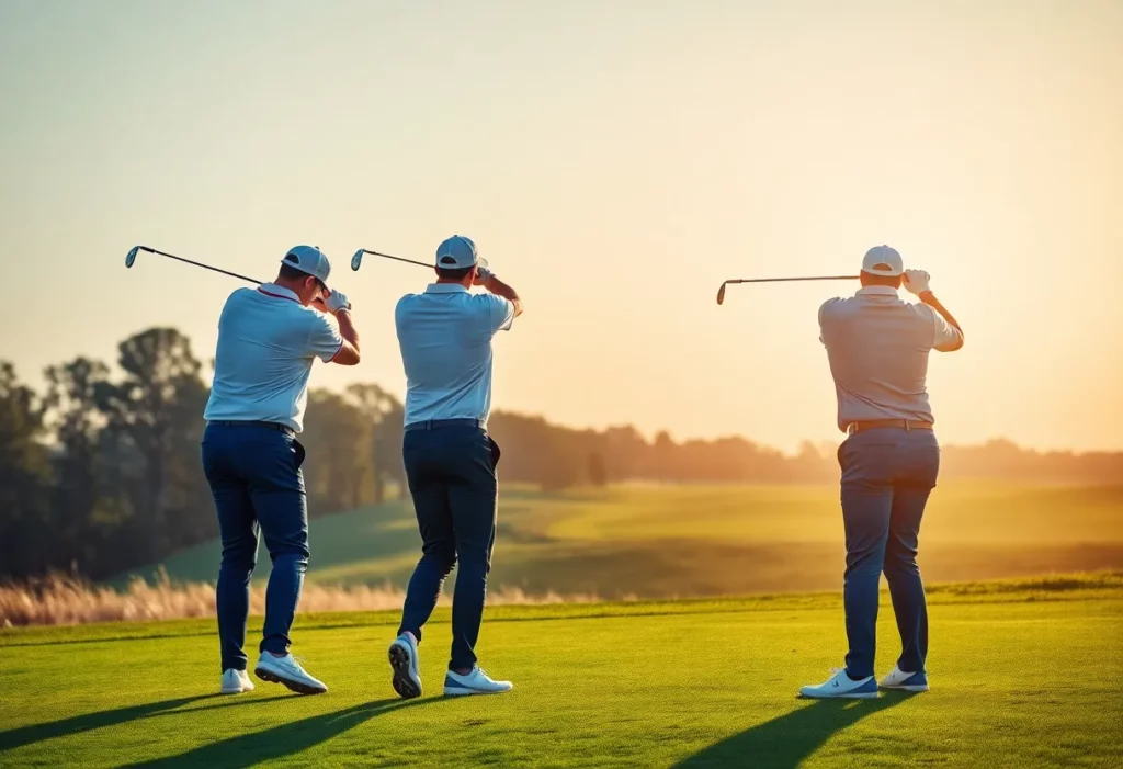 Professional golfers on a sunny golf course.