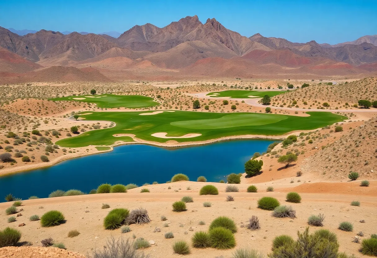 A panoramic view of Los Cabos golf course with surrounding desert landscape