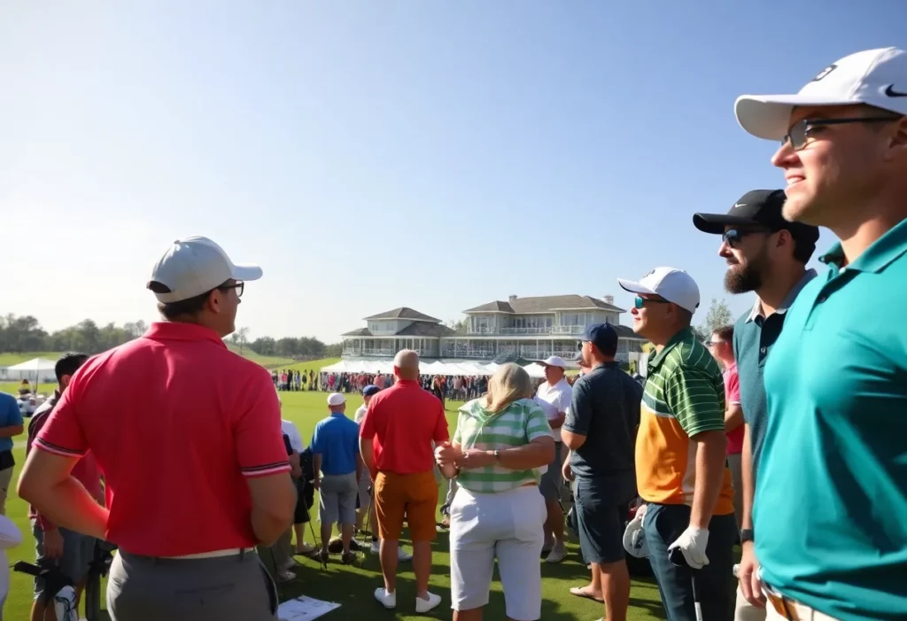 A lively golf tournament scene showcasing competitors and fans at a golf club.
