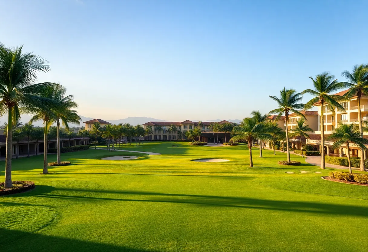 A scenic view of Mar-a-Lago with palm trees and golf courses