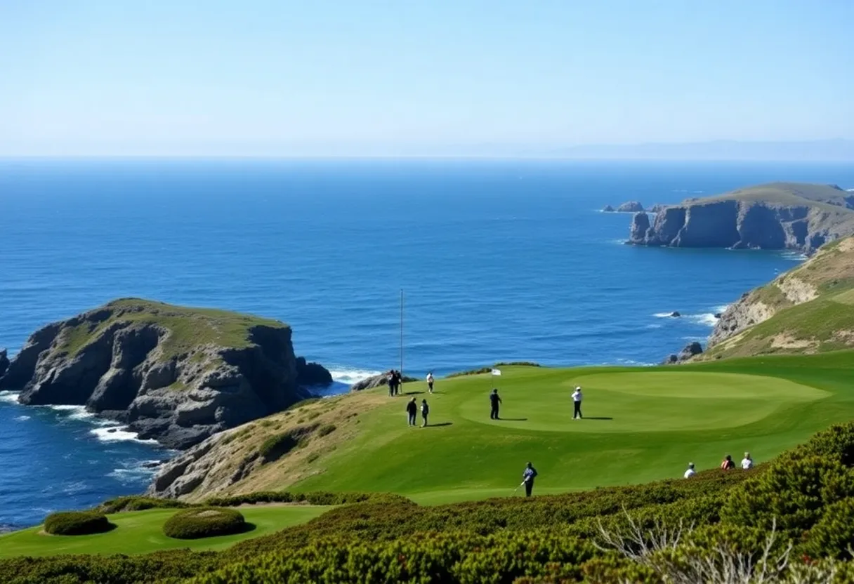 Scenic view of Pebble Beach golf course with golfers in action