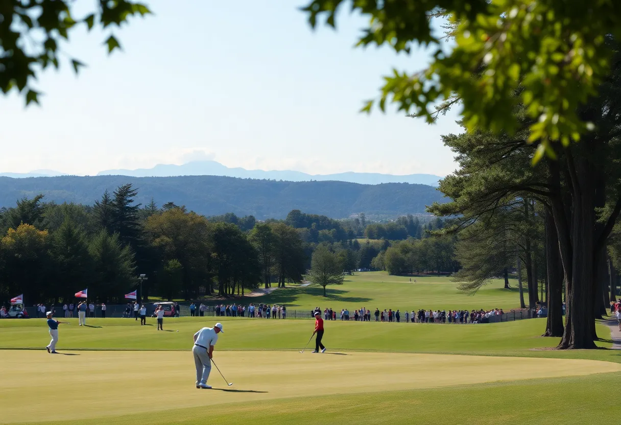 Scenic view of golfers playing at the Pebble Beach Pro-Am tournament.