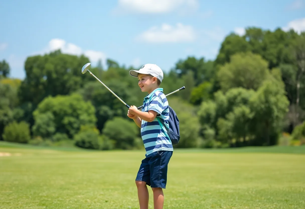 Two siblings playing golf on a sunny day at a beautiful golf course.