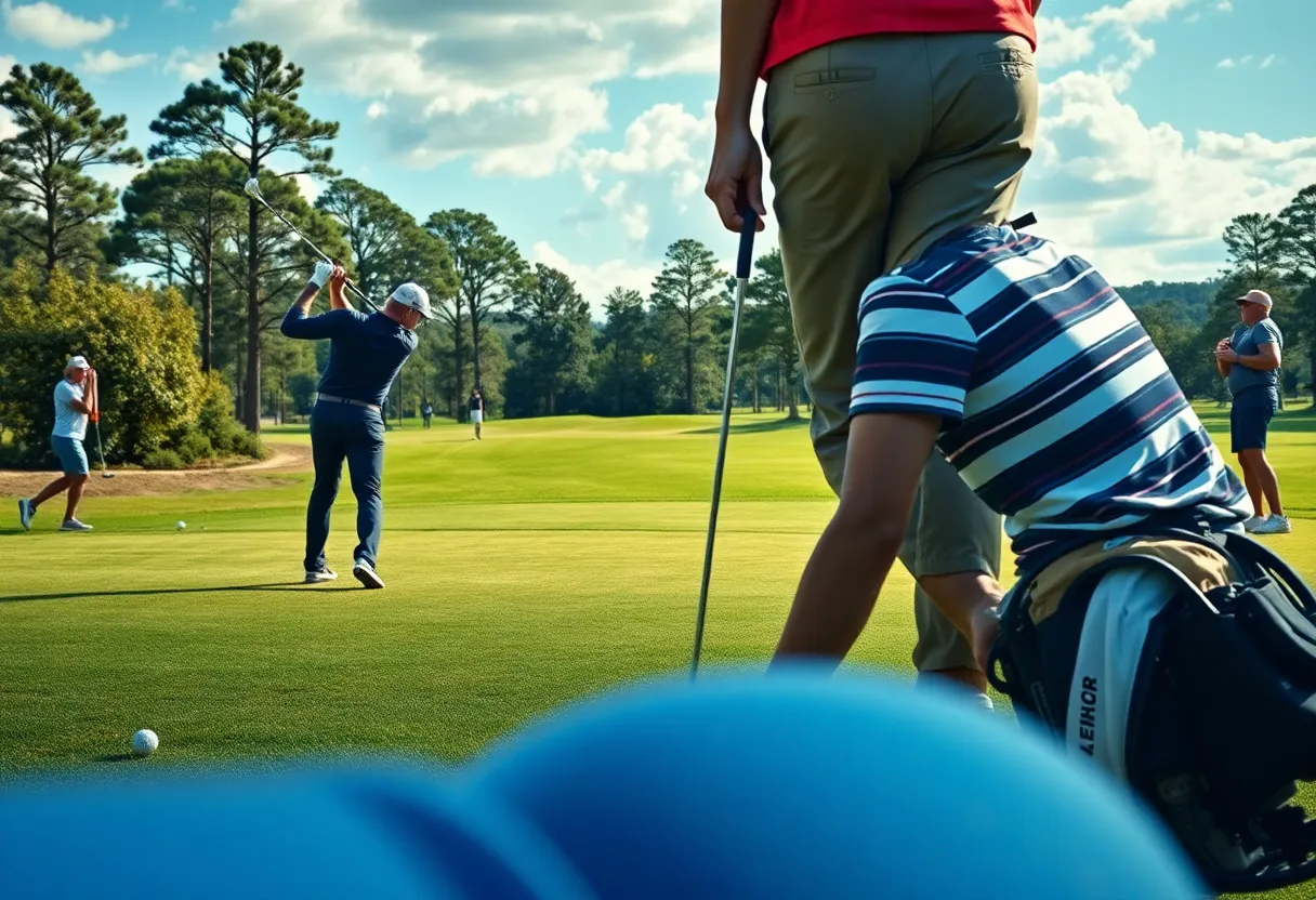 A dynamic scene from a golf game showing players on a course