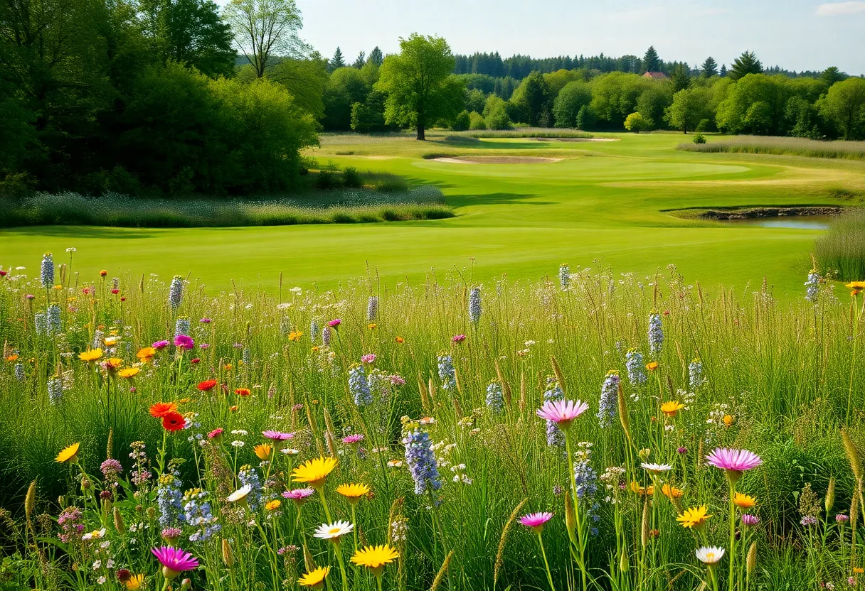 Aerial view of a rewilded former golf course with vibrant nature.