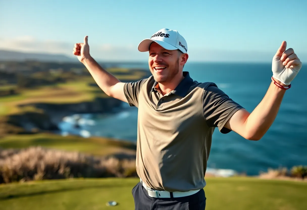 Golfer celebrating victory with a beautiful golf course backdrop