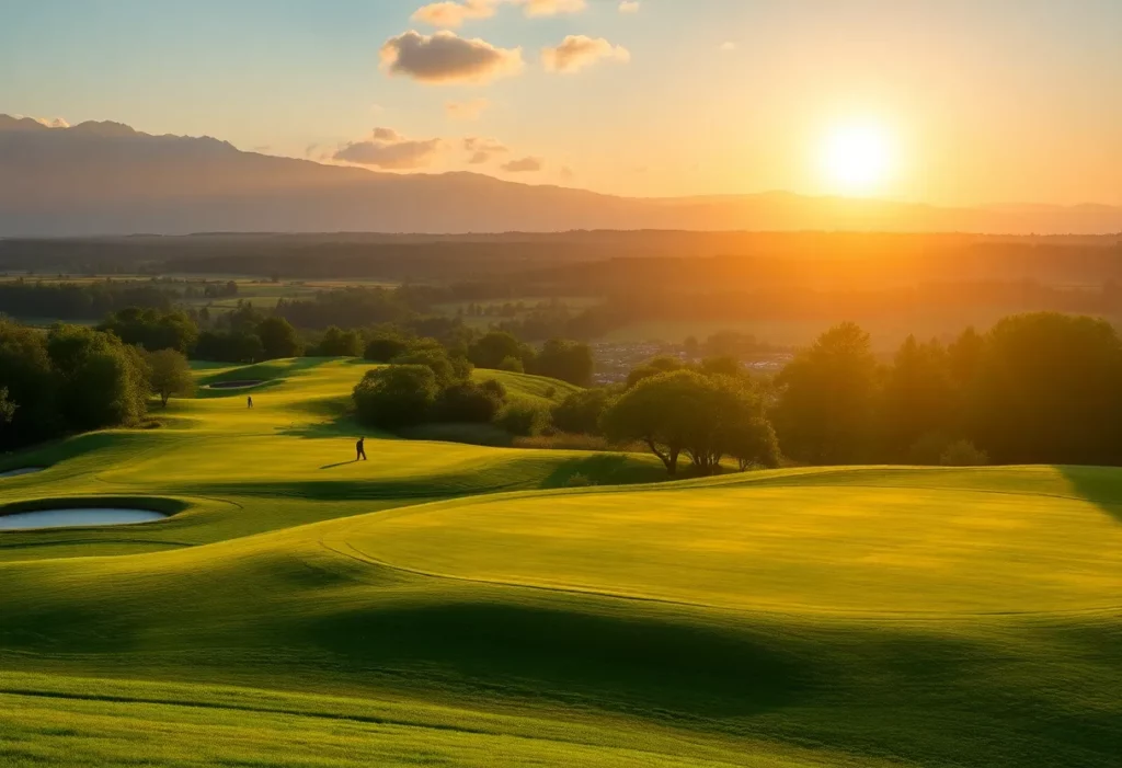 A picturesque view of a golf course with golfers on the green.