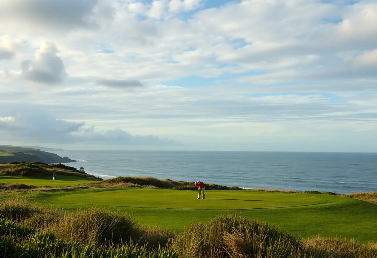 A golfer executing a shot near the beach at Pebble Beach golf course.