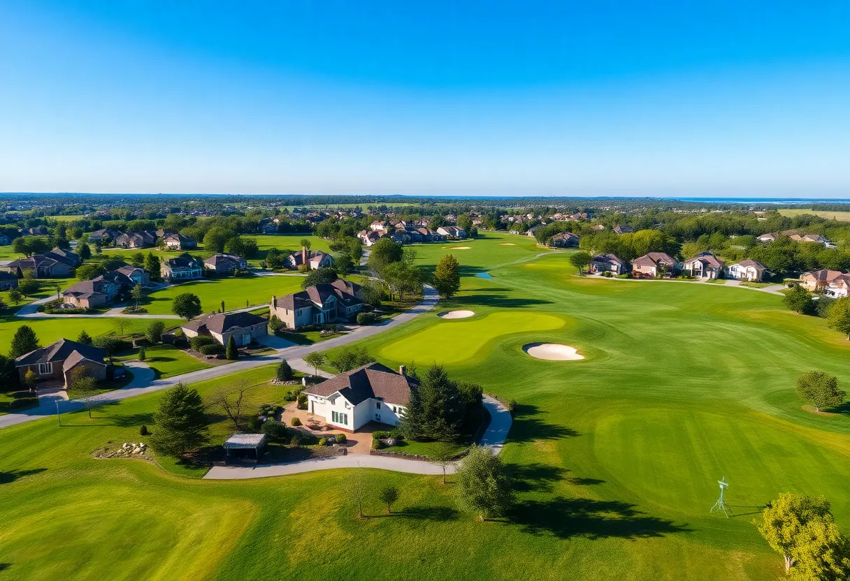 Aerial view of a golf course community with homes and greens