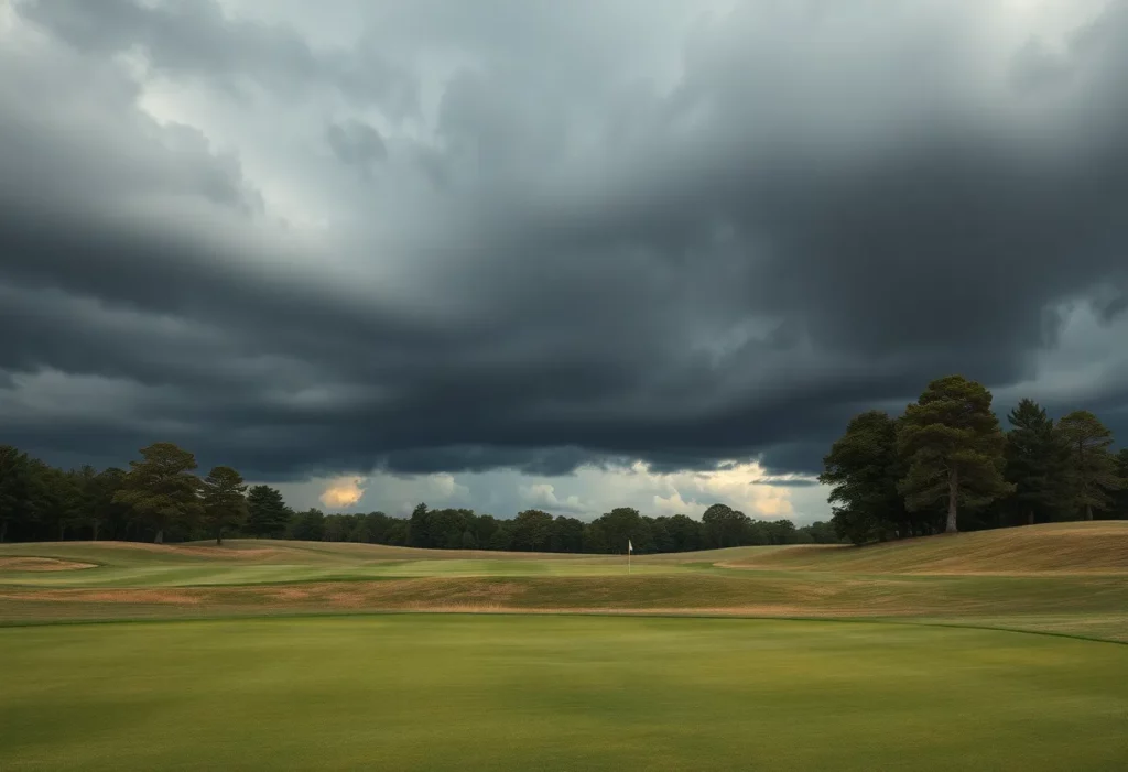 Picture of a tranquil golf course fairway under dark clouds, symbolizing a tragic event.