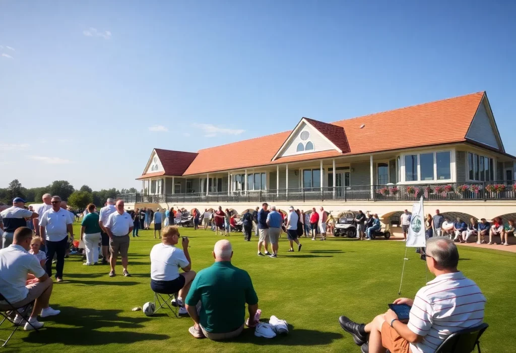 People enjoying festivities at a golf club during Super Bowl weekend.