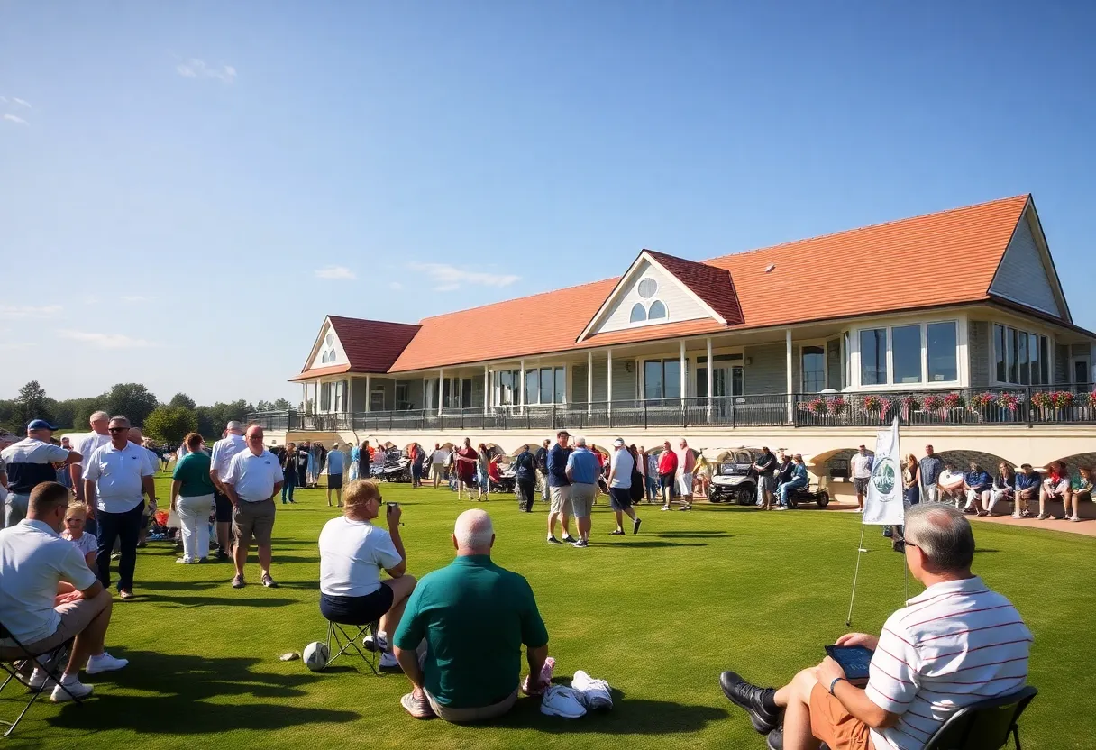 People enjoying festivities at a golf club during Super Bowl weekend.