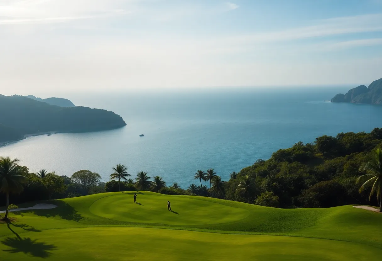Aerial view of a picturesque golf course in Vietnam with coastal scenery.