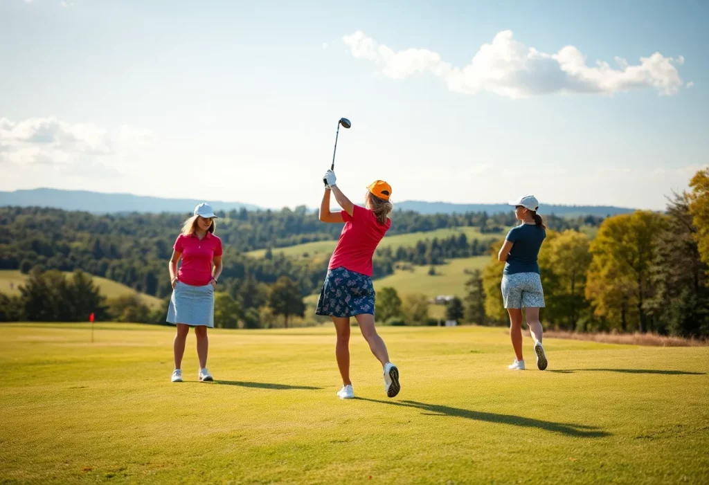 Women playing golf in a picturesque setting