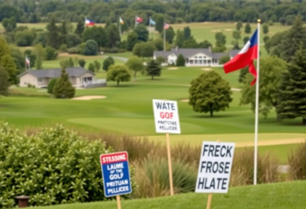 Protest signs and Palestinian flags at a golf resort