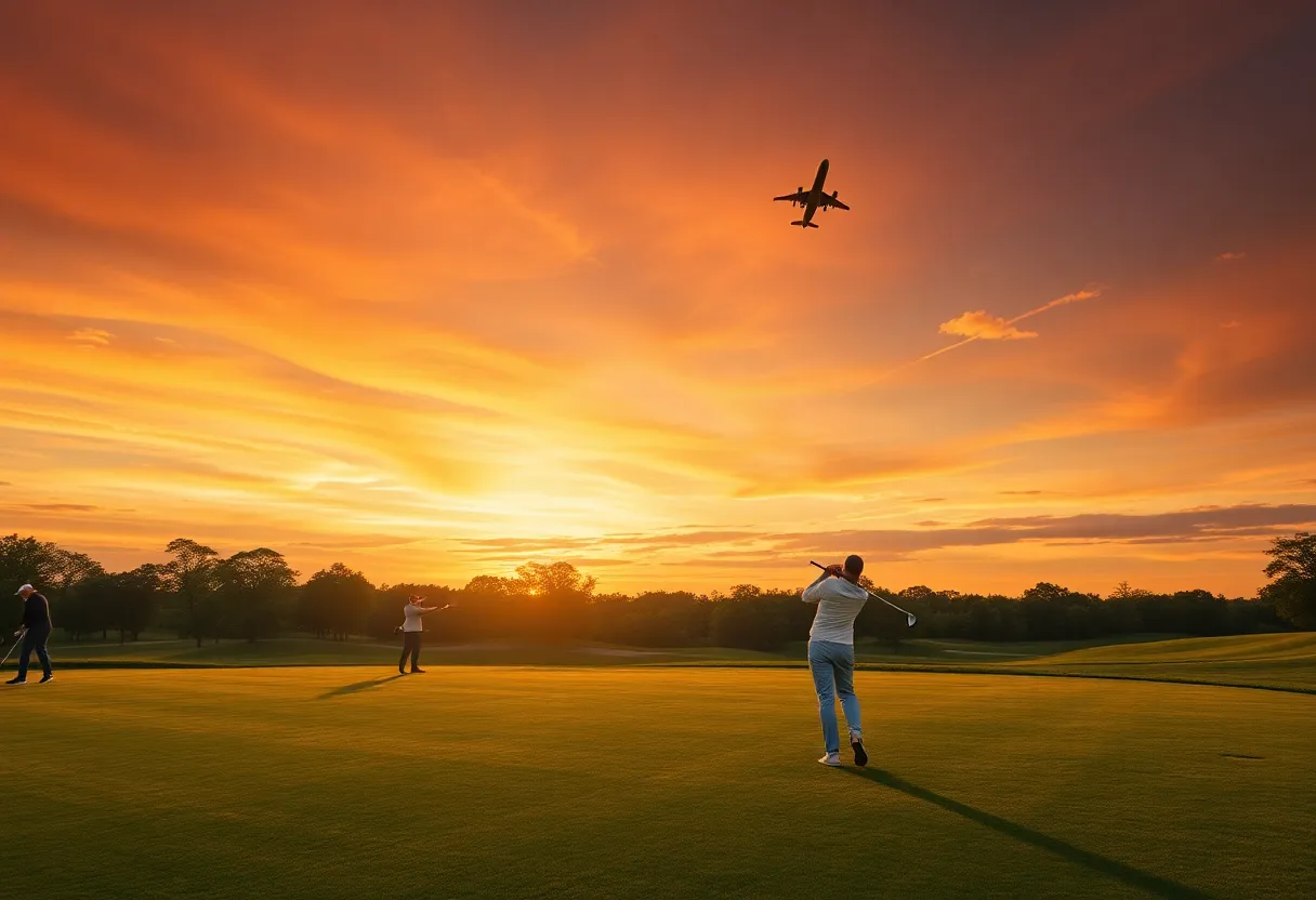 Golfers on a beautiful golf course with an airplane in the sky