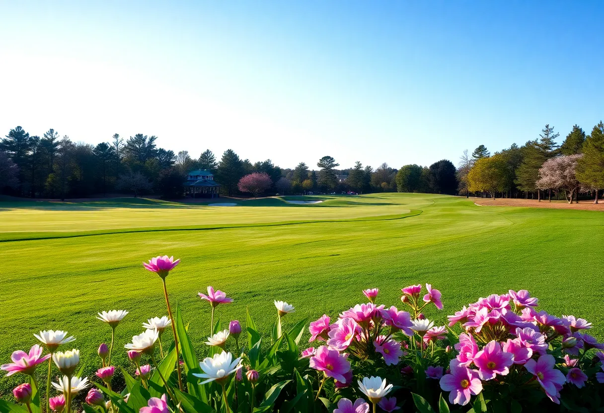 A beautiful golf course in Augusta, Georgia with blooming flowers and clear skies