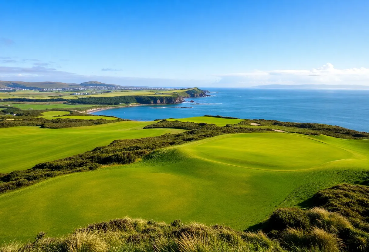 Scenic view of an Ayrshire golf course with coastal landscape
