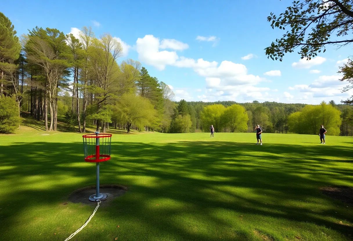 A vibrant disc golf course in Lincoln, showcasing diverse terrains and players enjoying the game.