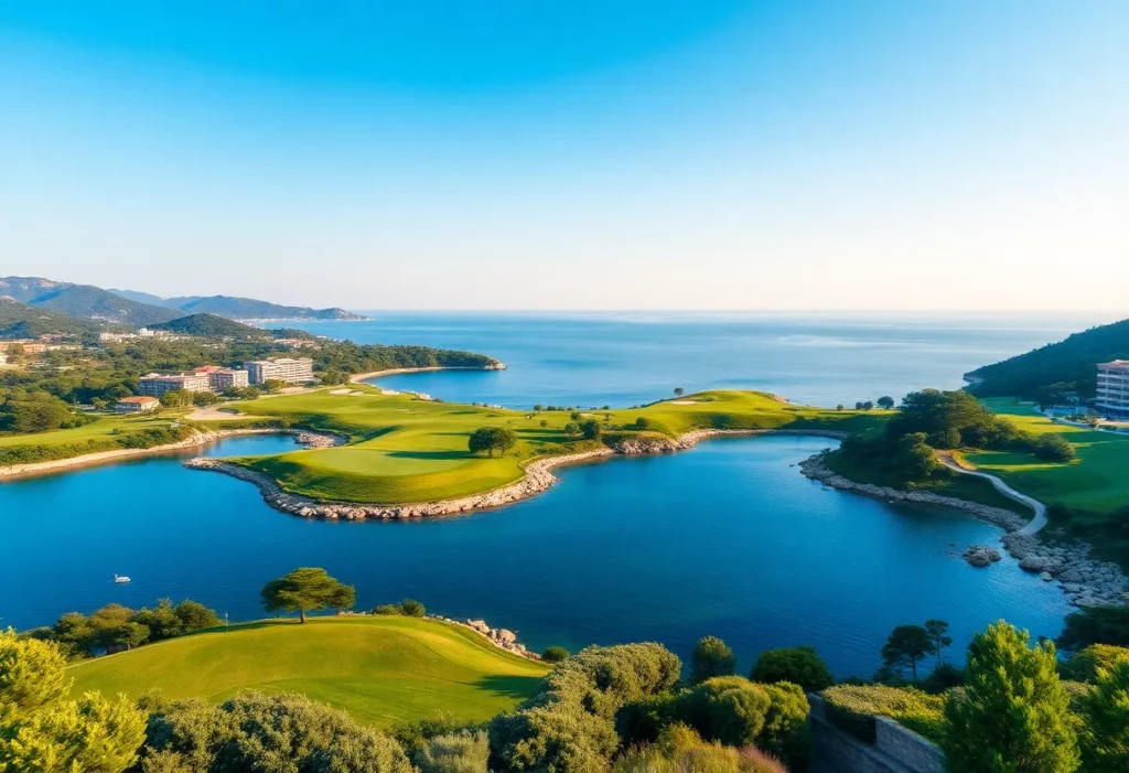 Stunning view of Costa Navarino Golf Resort with lush golf courses