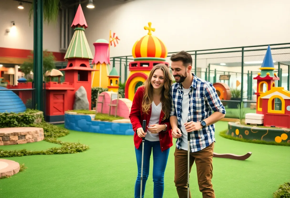 A couple playing crazy golf with colorful and quirky course features.