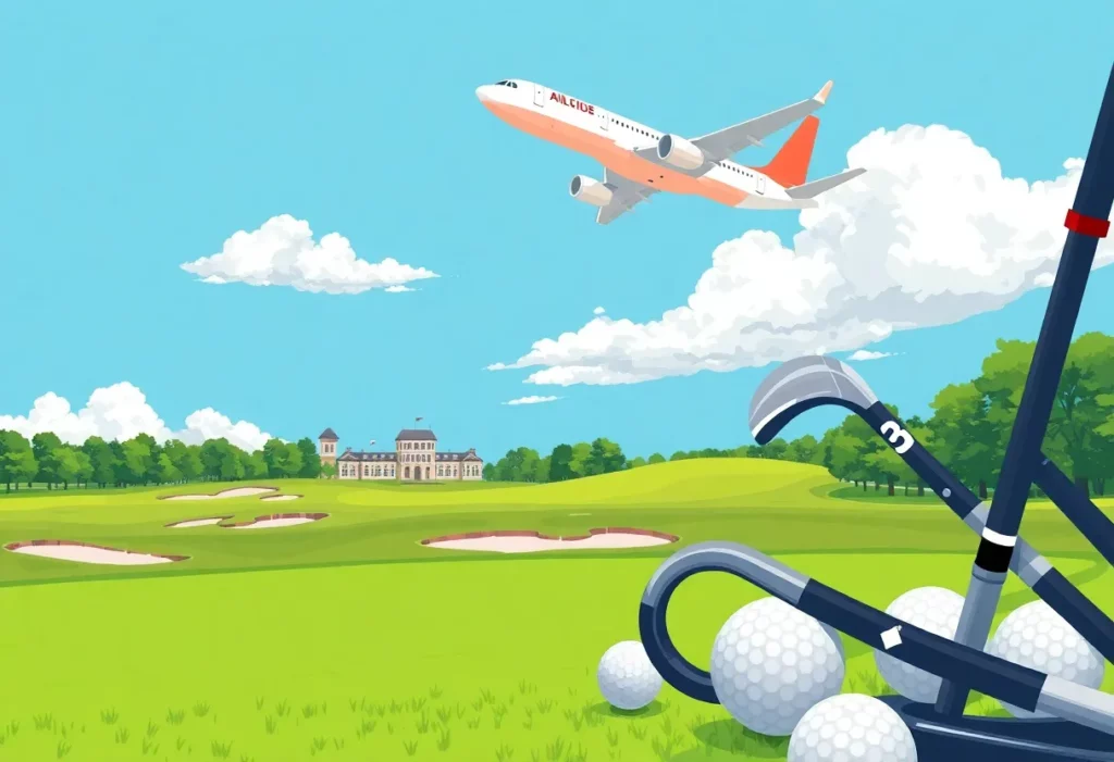 Airplane flying over a golf course