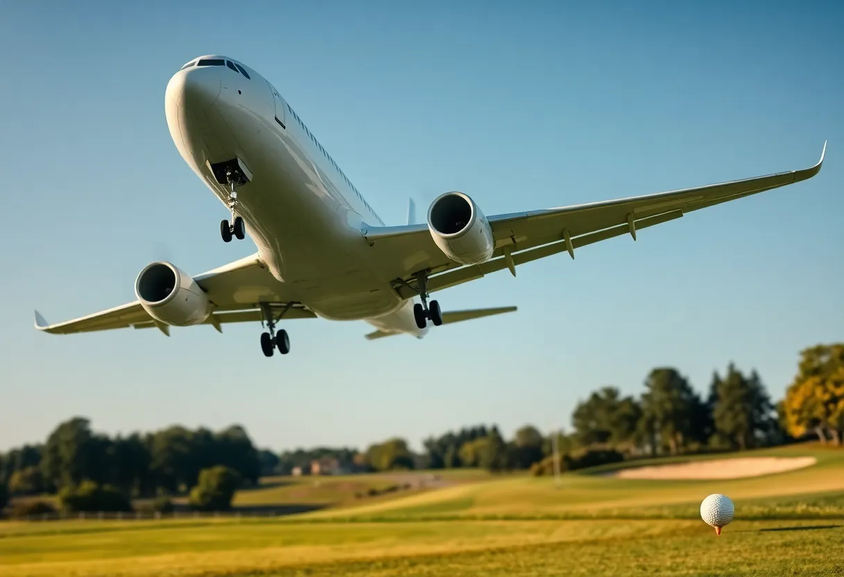 Airplane flying over a golf course