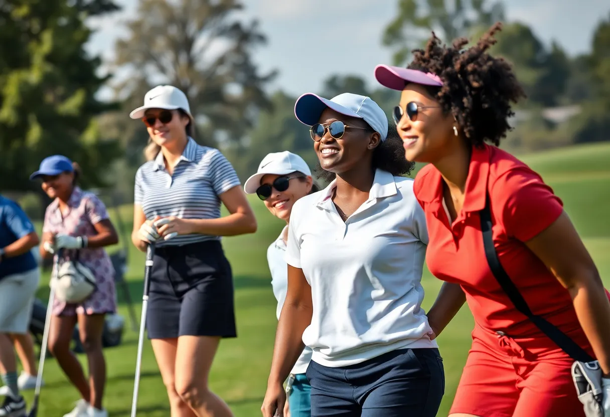 Women playing golf in stylish attire on a sunny course