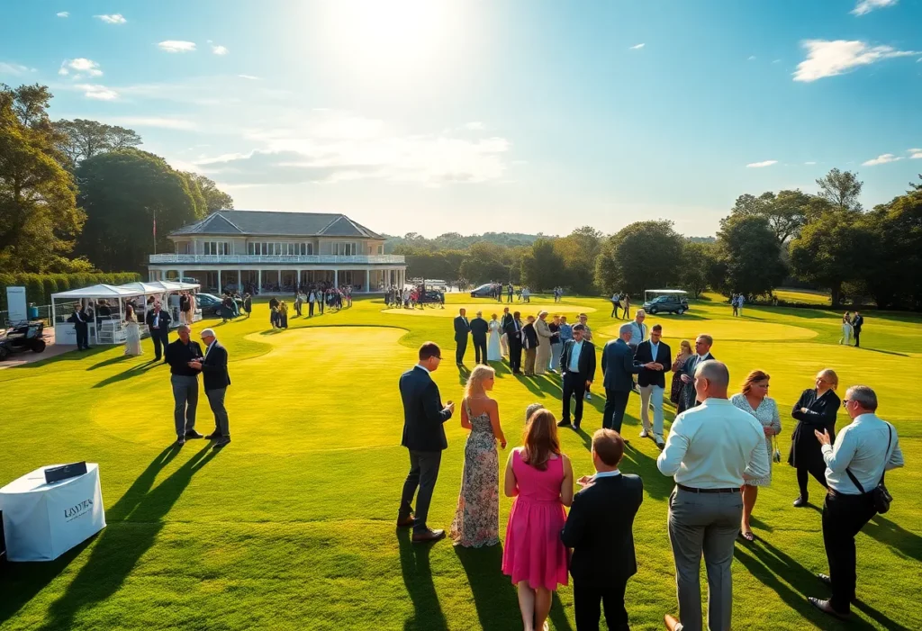 Attendees networking at Elevate Golf 2025 event in a picturesque golf course