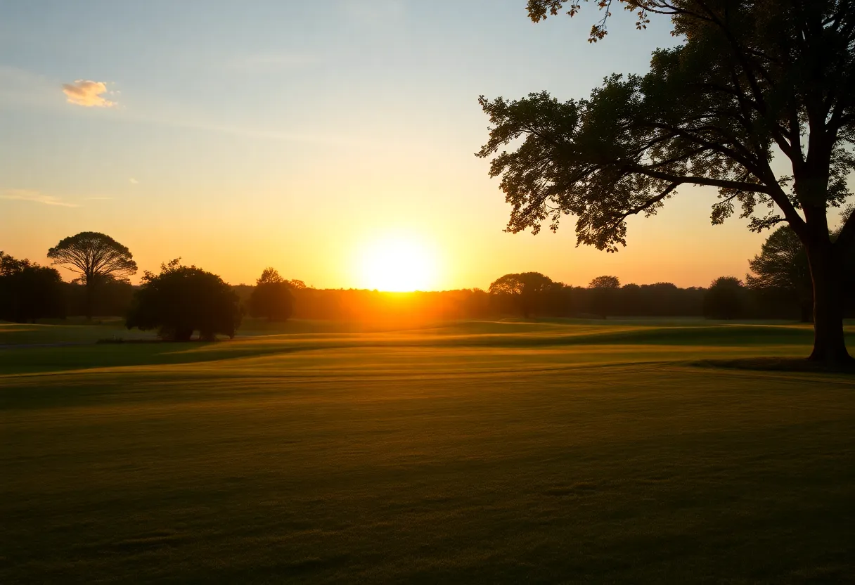 View of a golf course showcasing a beautiful sunset