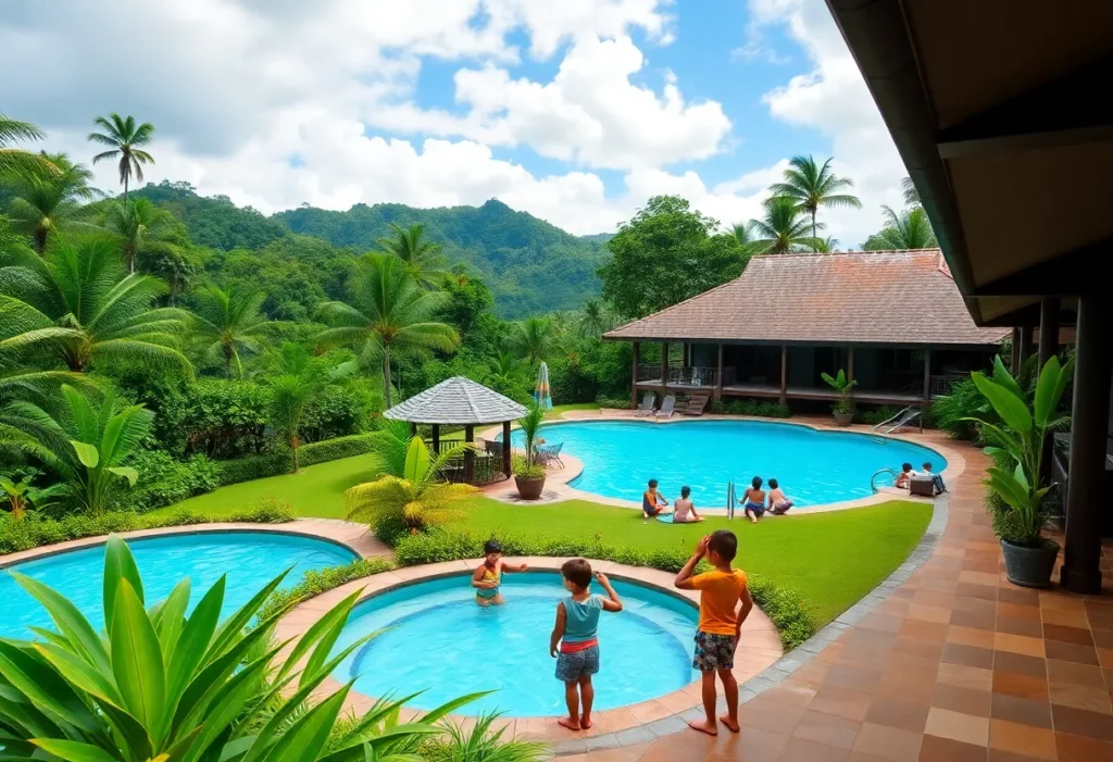 A family enjoying activities at a resort in Costa Rica surrounded by nature.
