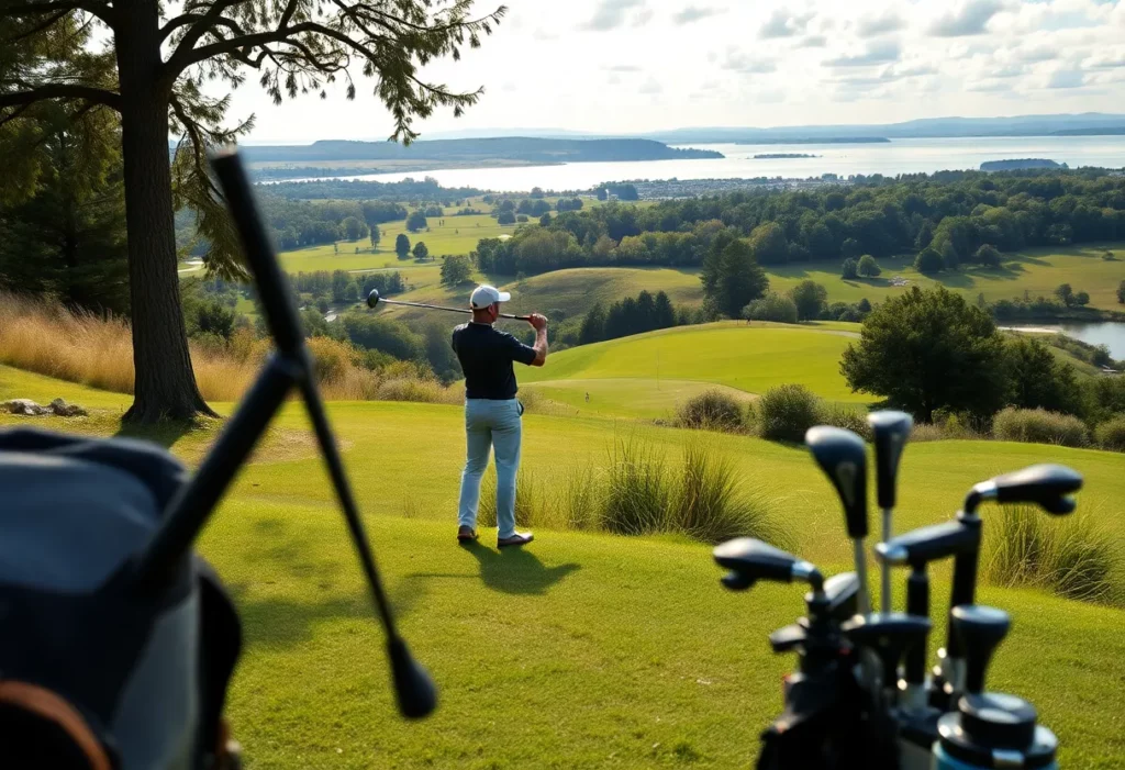 A golfer writing in a journal at a beautiful golf course
