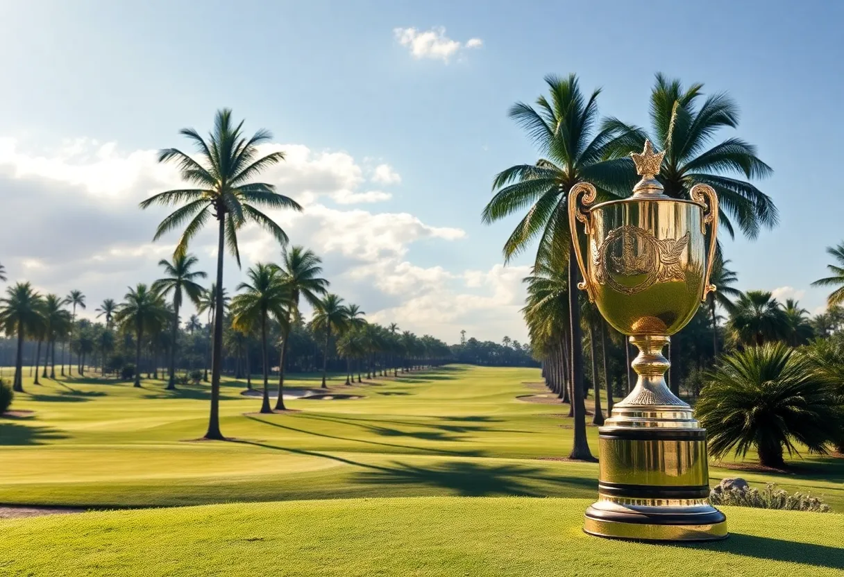 A championship golf trophy on a beautifully landscaped golf course.