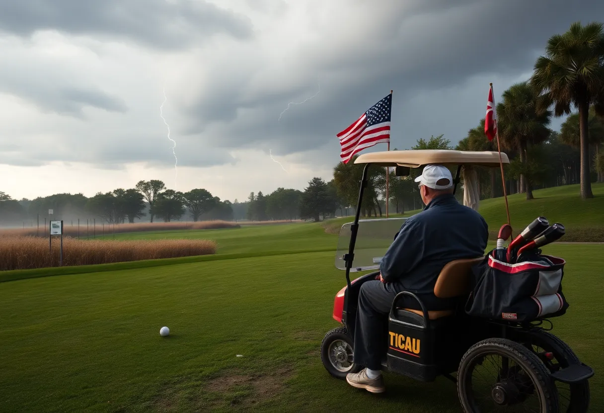 A humorous depiction of a golf course amidst stormy weather.