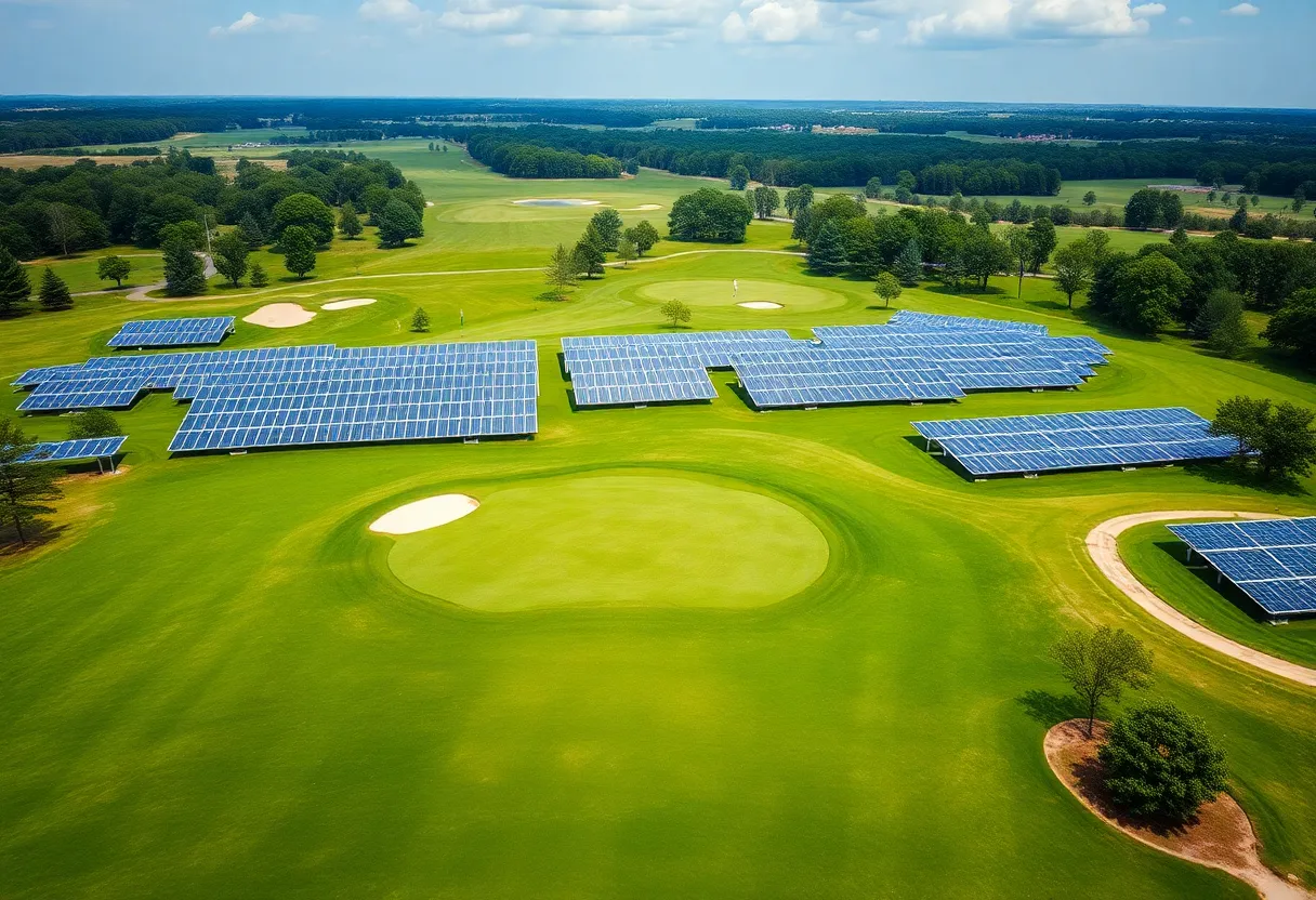 A golf course being converted into a solar farm with solar panels installed.