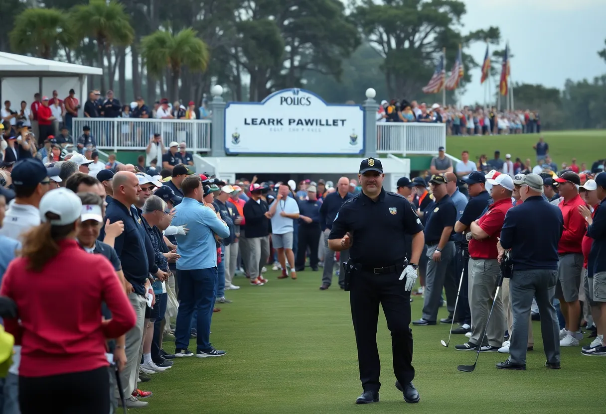 A chaotic scene at a golf tournament with police presence and crowds watching on.