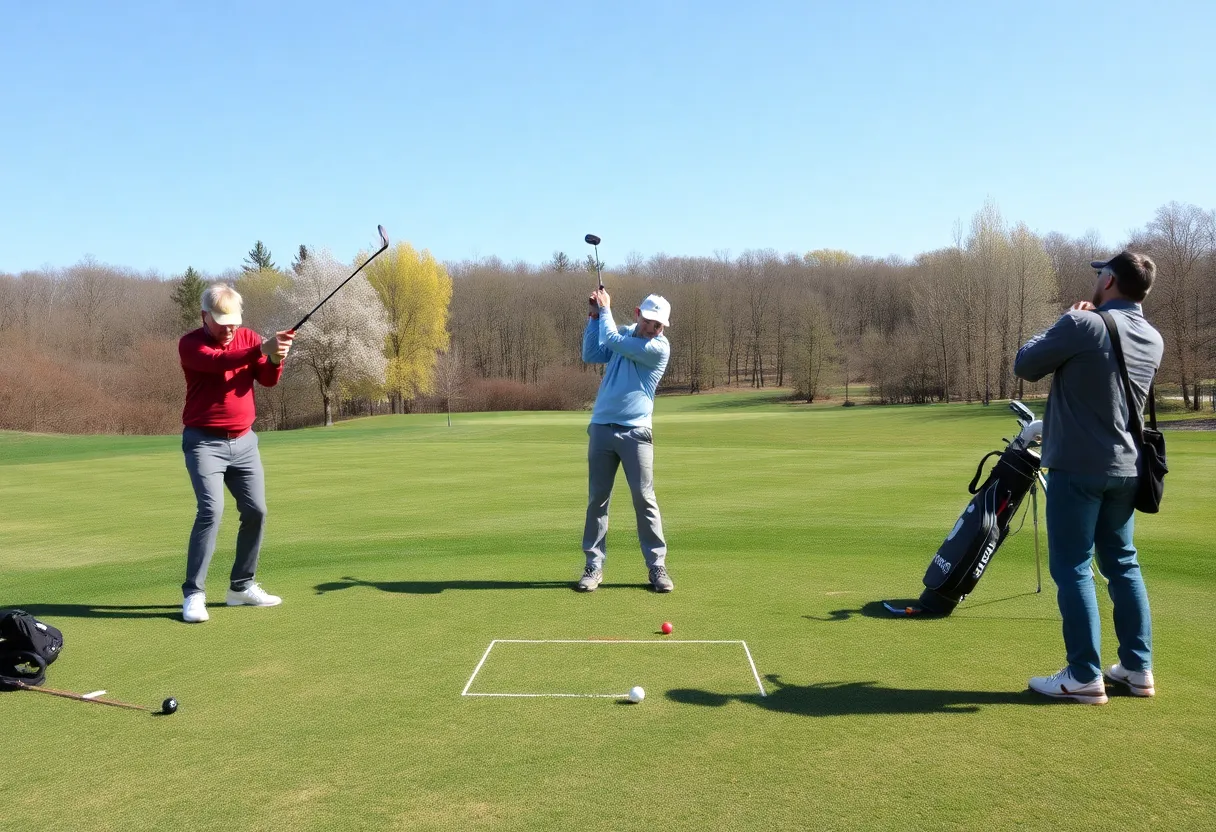 Golfers using training aids on the course during spring.