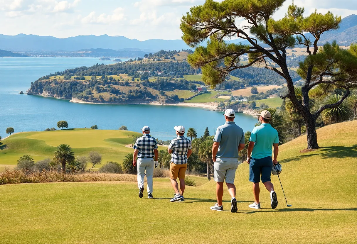Golfers at a beautiful golf course wearing stylish golf apparel