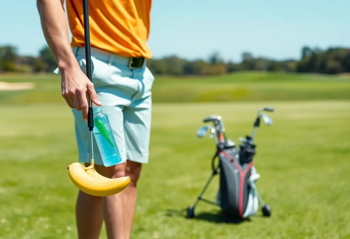 Golfer holding a banana and water bottle on the course