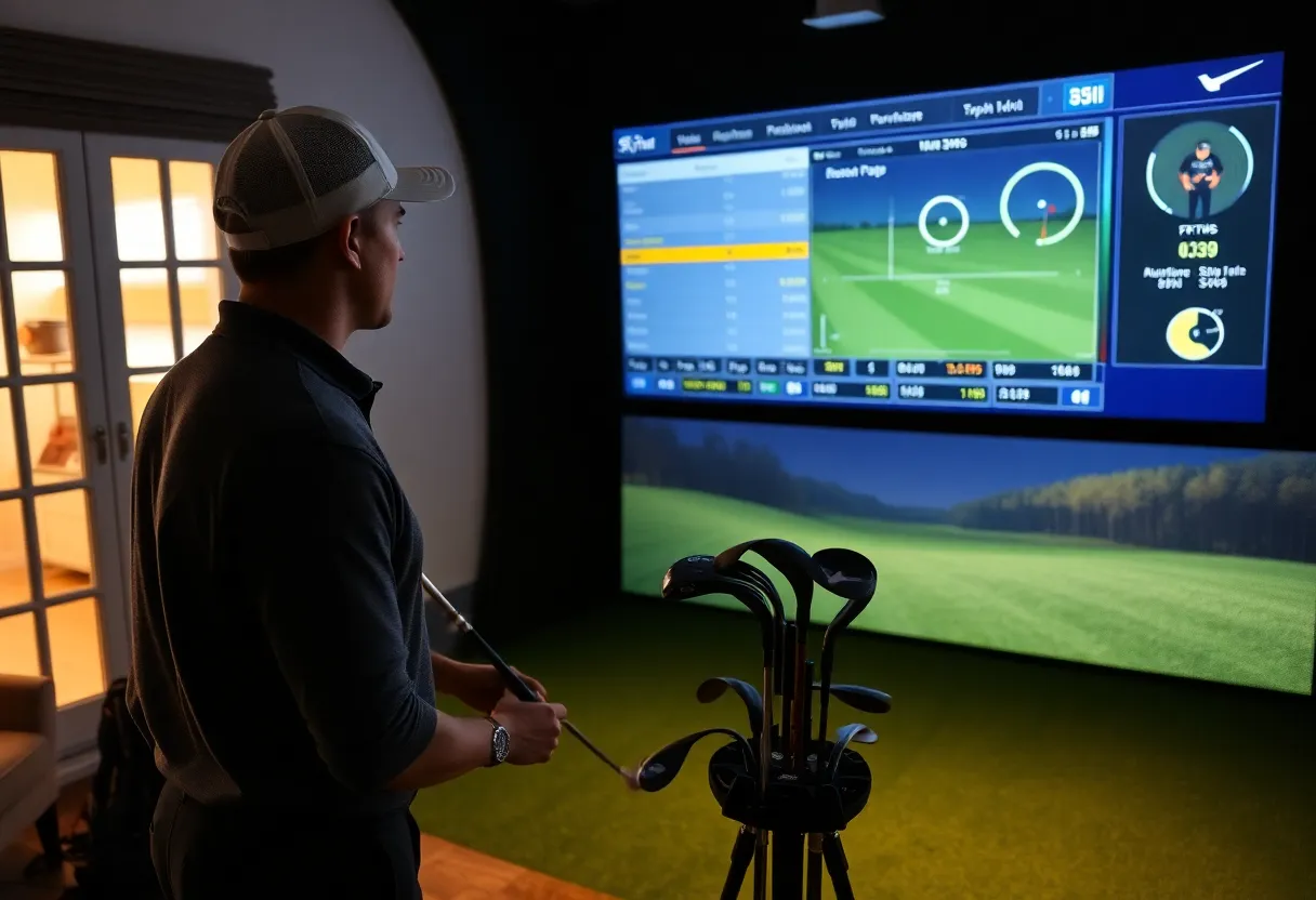 A golfer practicing with SkyTrak 5.2 software at home