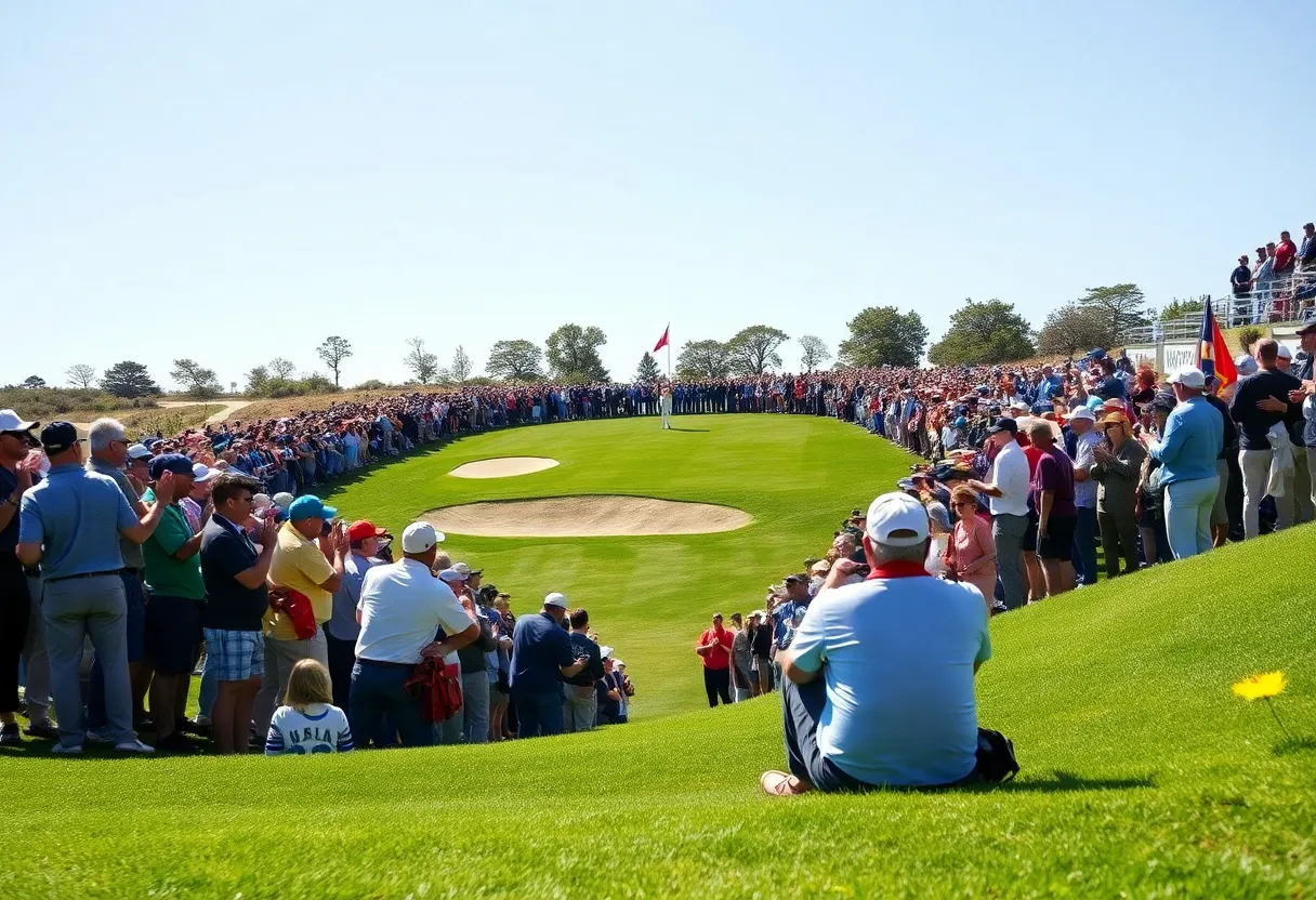 Fans cheering at the golf course during a hole-in-one celebration