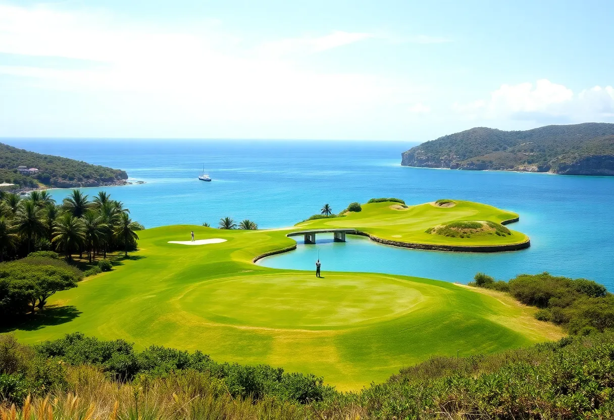 Golfers enjoying a scenic island course during sunny weather