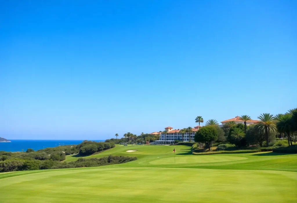 Scenic view of Korineum Golf & Beach Resort showcasing the lush golf course and Mediterranean backdrop.