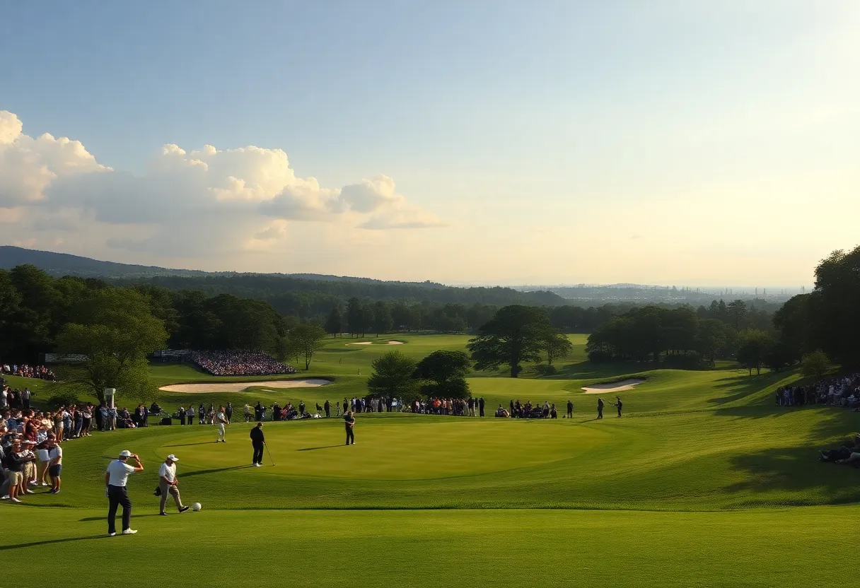 Players competing in a golf tournament amidst beautiful surroundings