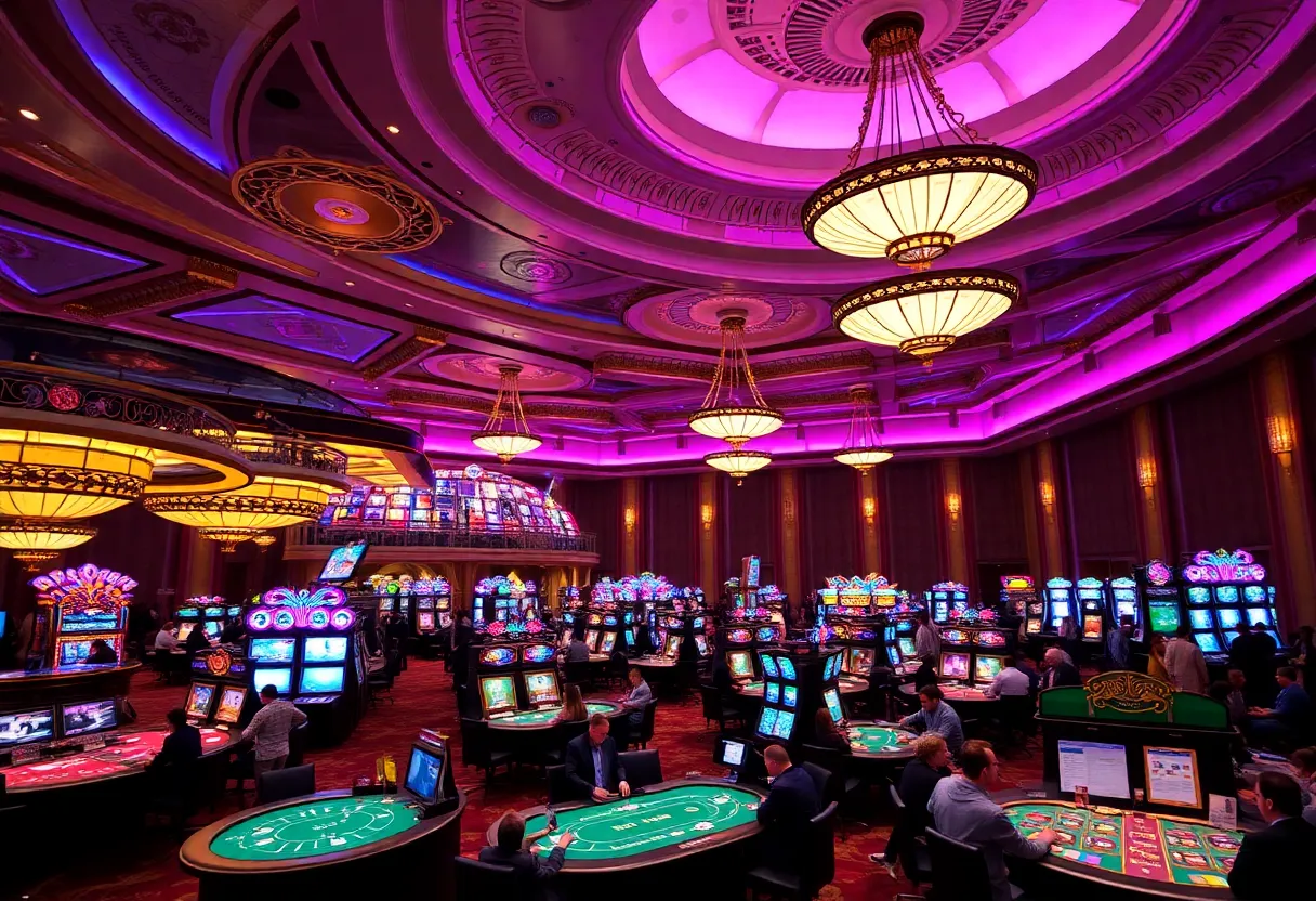 Interior of a luxurious casino with gaming tables and elegant decor