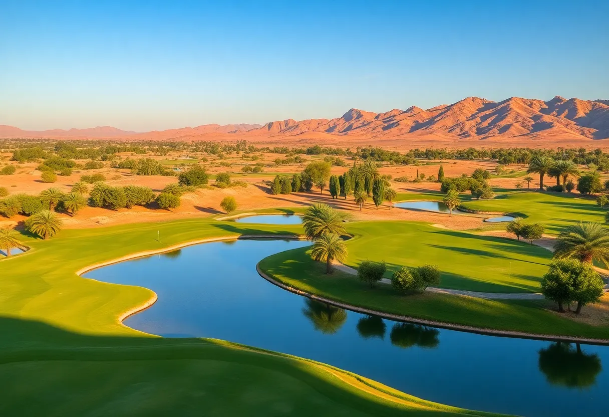 A beautiful golf course in Marrakech surrounded by desert landscapes.